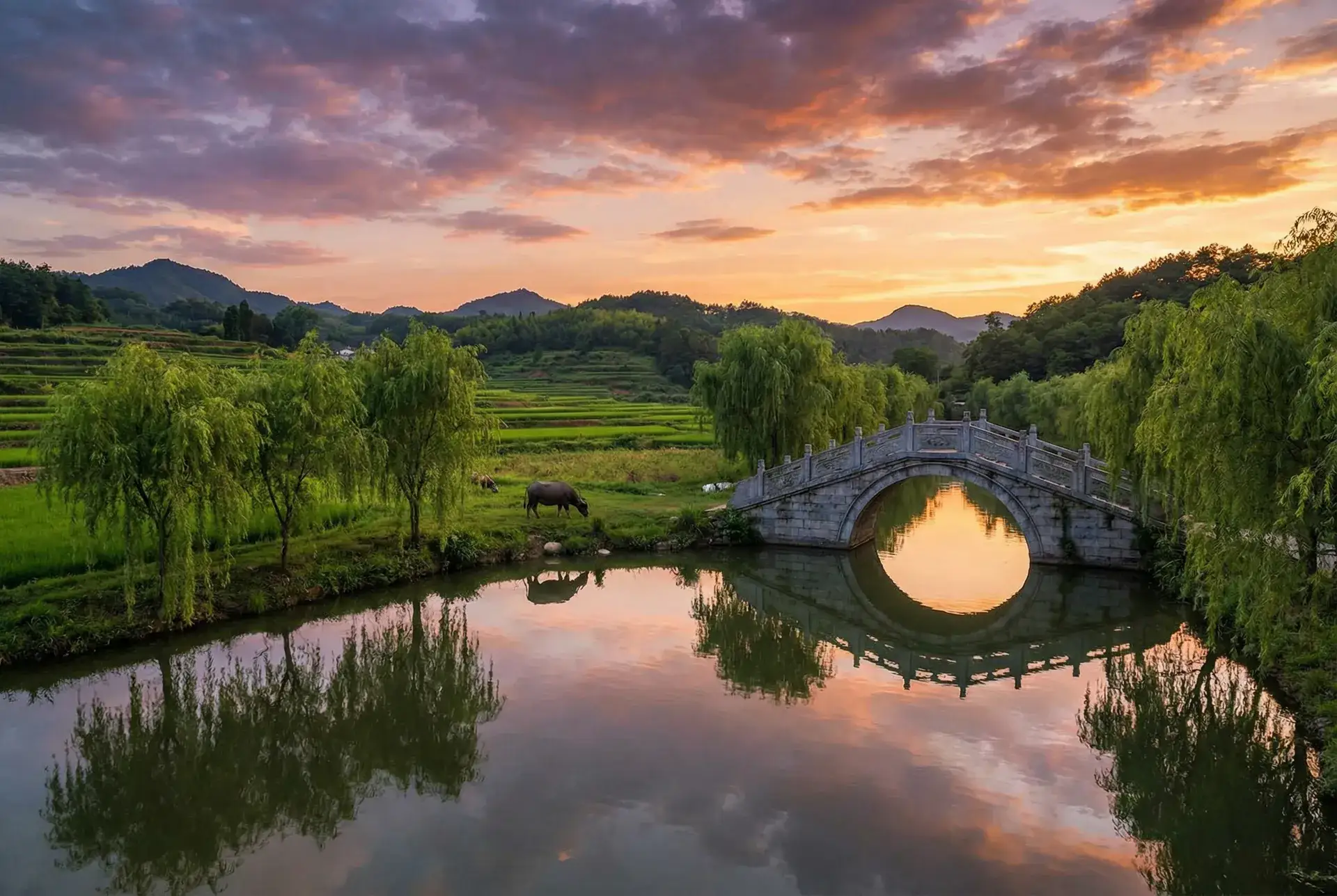 夕阳下的石拱桥与垂柳，水牛在河边吃草 - 子凡影院 乡村美景