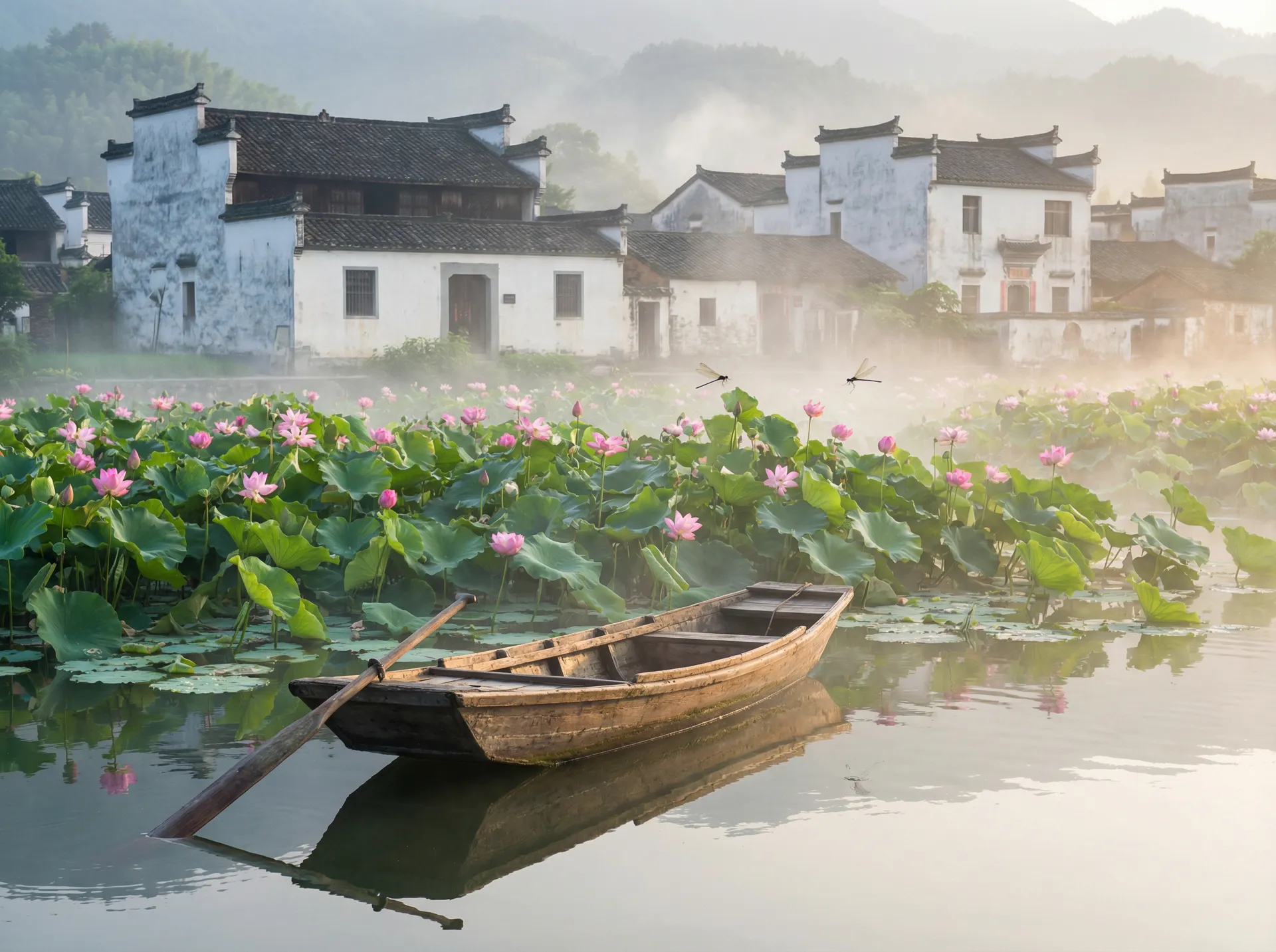 清晨荷塘小舟，粉色荷花盛开，白墙黑瓦的村庄 - 子凡影院 水乡风情